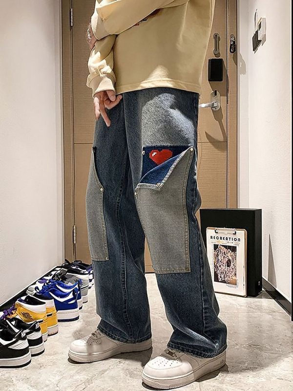 Harajuku Wide Leg Baggy Cargo Jeans Pants Men Heart Oversize Straight Casual Denim Long Trousers