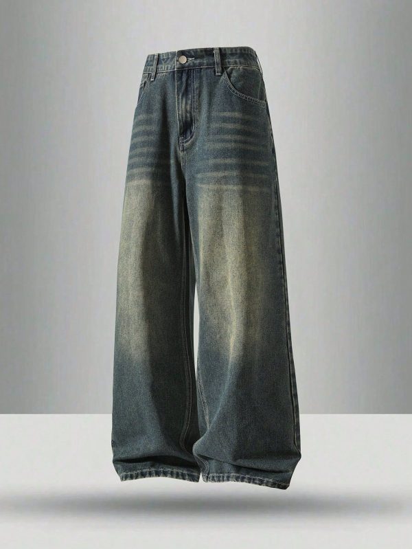 Men's Vintage Distressed Wide Leg Loose Straight Fit Blue Jeans, Casual Boyfriend Pants, Great Gift For Husband/Boyfriend