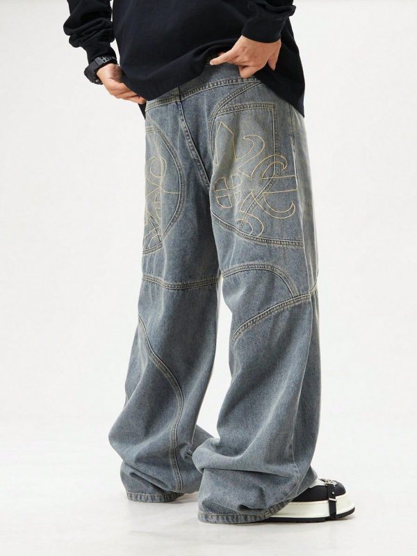 Men's Casual Distressed Embroidered Wide Leg Baggy Jeans