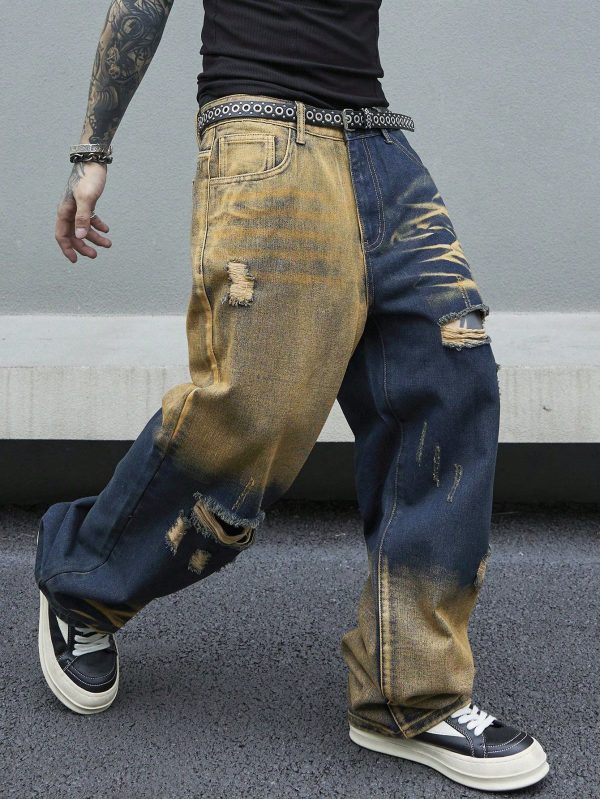 Men Ripped Straight Leg Jeans Without Belt, Dark Blue Wide Jeans Long Distressed Baggy Cargo Jeans, For Husband, Boyfriend Gifts