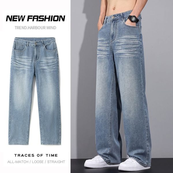Men's Clothing Wide Pants Straight Loose Jeans Korean Personalized Cat Whisker Wash Fashion Baggy