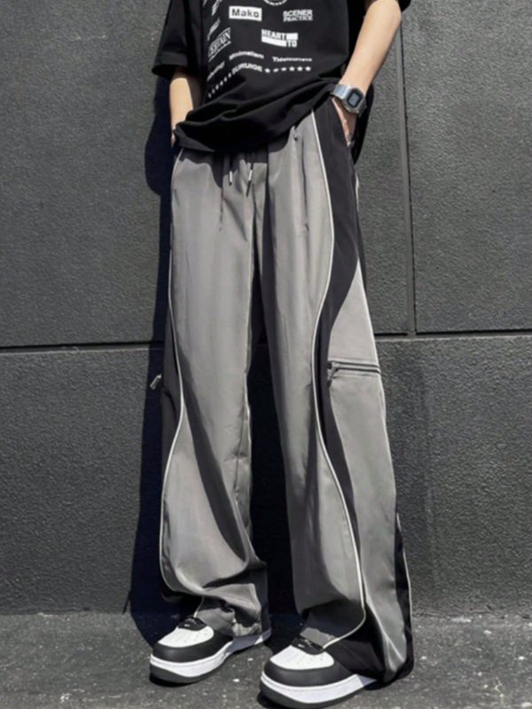 Contrast Color Patchwork Retro American Cargo Pants, Loose Casual Relaxed Wide Leg Trousers