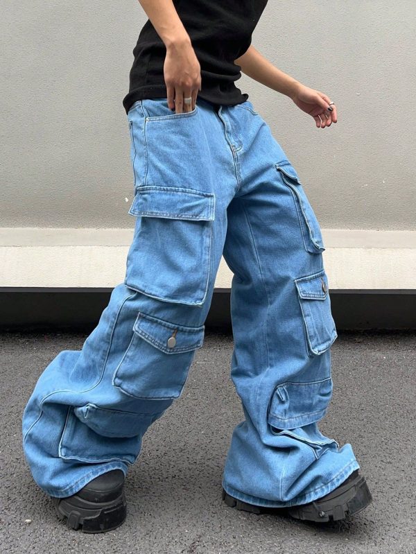 Men's Loose Fit Cargo Pocket Jeans Oversize Long Washed Jean Plain Light Blue Vacation Y2K Boyfriend Gift