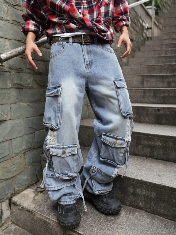 Men's Autumn Casual Distressed Multi-Pocket Denim Wide Leg Cargo Pants, Plain Long Baggy Cargo Light Blue Washed Cargo Jeans, For Husband, Boyfriend Gifts