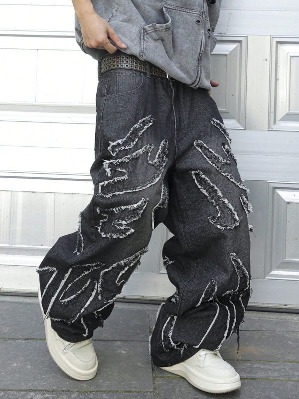 Men's Pocket Patchwork Frayed Hem Wide Leg Loose Casual Jeans