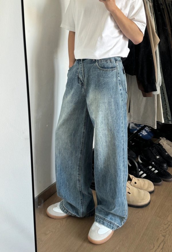 American Retro Washed Blue Wide Leg Jeans Men's Fashion Brand Cleanfit Straight All-matching Loose Casual Trousers - Blue / 2XL