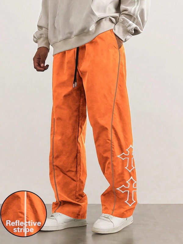 Men's Casual Drawstring Waist Loose Straight Leg Pants With Cross Print