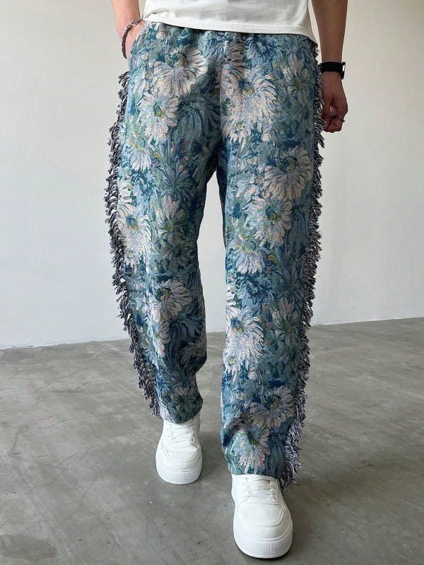 Fashionable Floral Print Abstract Oil Painting Style Distressed Hem Loose Men's Pants Jeans With Design Pants Chain Men Printed Jeans Patchwork Pants Men Graphic Jeans