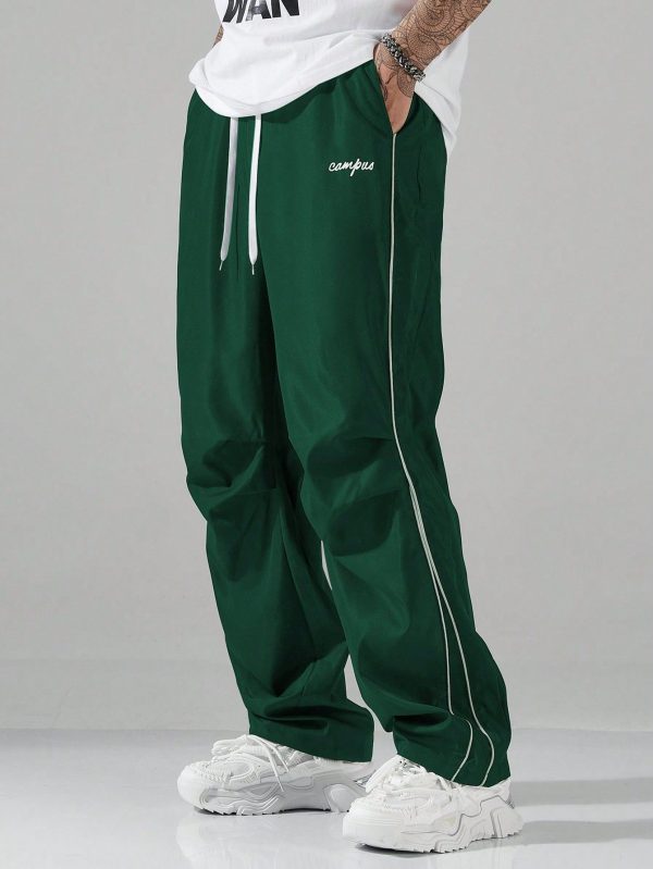 Men's Letter Print Drawstring Waist Pockets Straight Loose Casual Pants Baggy Streetwear