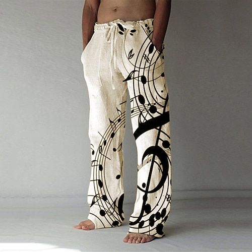 Men's Graphic Prints Musical Instrument Linen Pants Trousers Summer Pants Mid Waist Fashion Streetwear Big and Tall Casual Daily Elastic Drawstring Design Front Pocket Straight Leg Spring  Summer 3D
