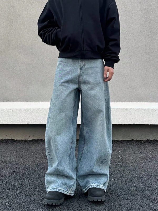 Men's Denim Washed Straight Leg Casual Loose Wide Leg Pants
