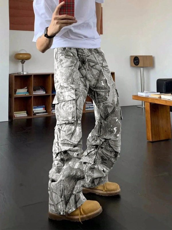 Men's Fashionable Utility Pants With Leaf Print, Wide Leg Design, Zipper Hem, Loose Fit, Flare Trousers With Resin Printing