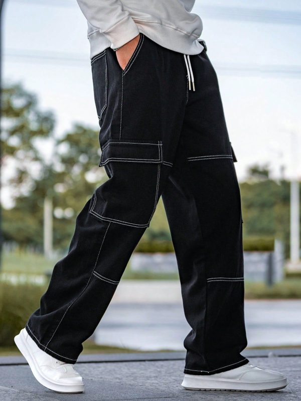 Loose Men's Top Stitched Drawstring Waist Cargo Jeans Baggy Long Washed Skater Jean Plain Black Going Out Y2K Friends