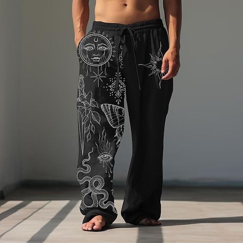 Men's Sun Linen Pants Pants Trousers Baggy Pants Mid Waist Vintage Outdoor Daily Wear Streetwear Fall  Winter Black White Brown