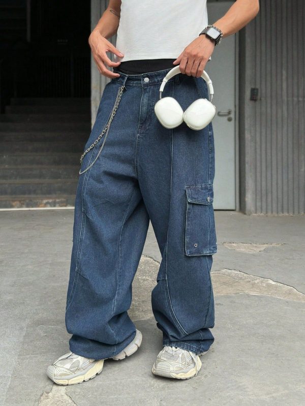 Men's Vintage Distressed Navy Wide Leg Cargo Pants