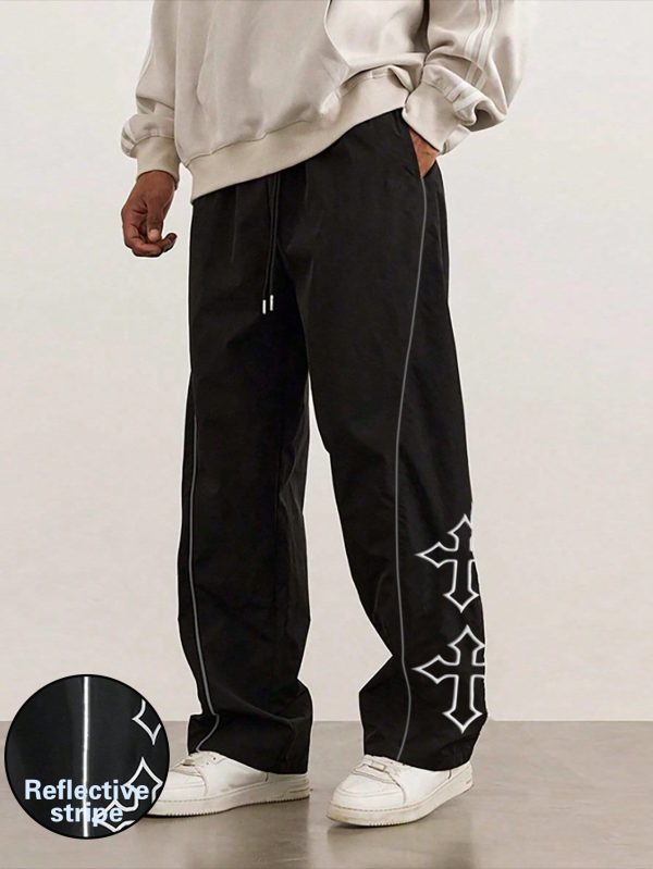 Men's Casual Cross Print Color Block Drawstring Waist Straight Leg Pants