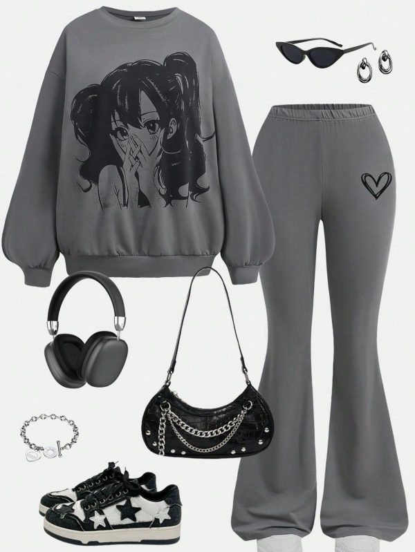 Conjunto de 2 peças para Adolescentes Meninas: Top Oversized com Capuz de Gola Redonda na Cor Cinza com Estampa de Retrato Cartoon e Calça Flare Justa com Estampa de Coração, Conjunto Casual Fofo