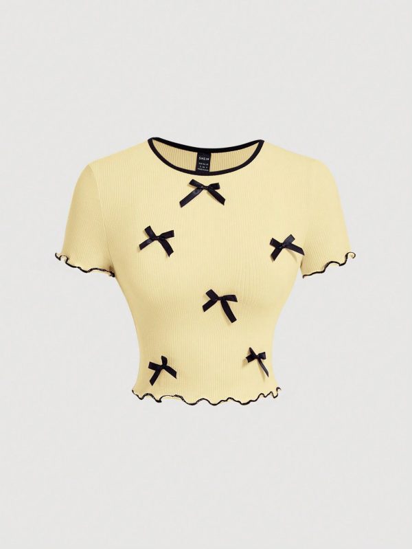 Women's Summer Short Sleeve Casual T-Shirt With Bow Decorative Round Neck