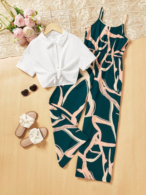 Tween Girl 1set (2pcs) Loose Fit Geometric Pattern Jumpsuit With Spaghetti Straps And Short Sleeve Shirt