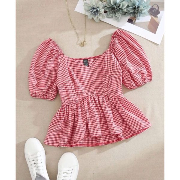 Shein Tops | Shein Puff Sleeve Gingham Blouse | Color: Red/White | Size: M