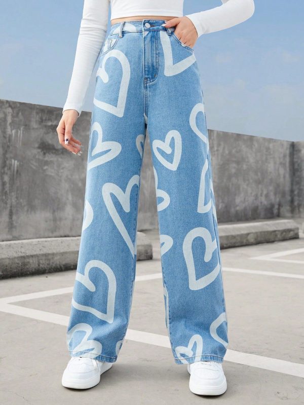 Teen Girl Blue Heart Printed High Waist Loose Fit Slash Pockets Wide Legs Jeans For Spring Summer