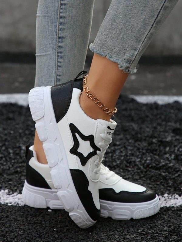 Women's Sneakers, Thick Sole Low-Cut White Shoes, Spring Autumn, Retro Star Pattern, Casual