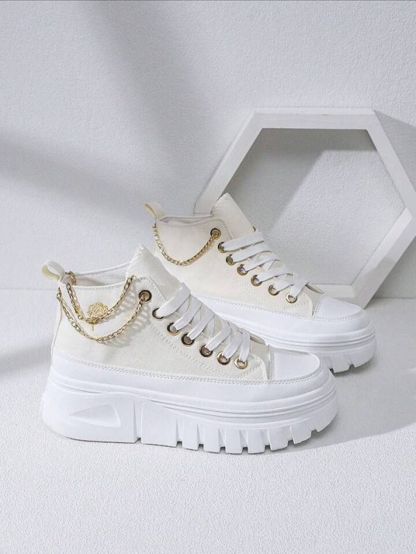 Alan Vincent Spring New Women Beige High Top Canvas Shoes With Gold Chain Platform Shoes Height Increasing Casual Sport Shoes Ladies Sneakers Beige Shoes For Women With Gold Rose Embroidery