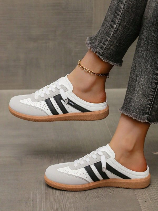 Women's Casual Sneakers, Spring New Retro Style Lace-Up Low-Top Mix-Color Half-Mule Trainers
