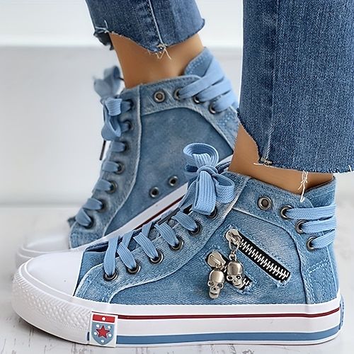 Women's Blue Denim High-Top Sneakers with Skull Charms and Zipper Detail - Casual Retro Style for Everyday Wear