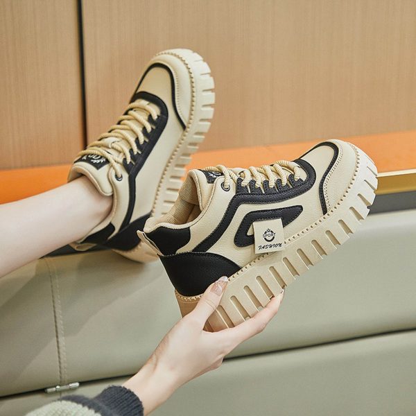 Women'S Sports Shoes New Increased Height Thick Bottom Low Top Lace Up Leather Casual Shoes Womens