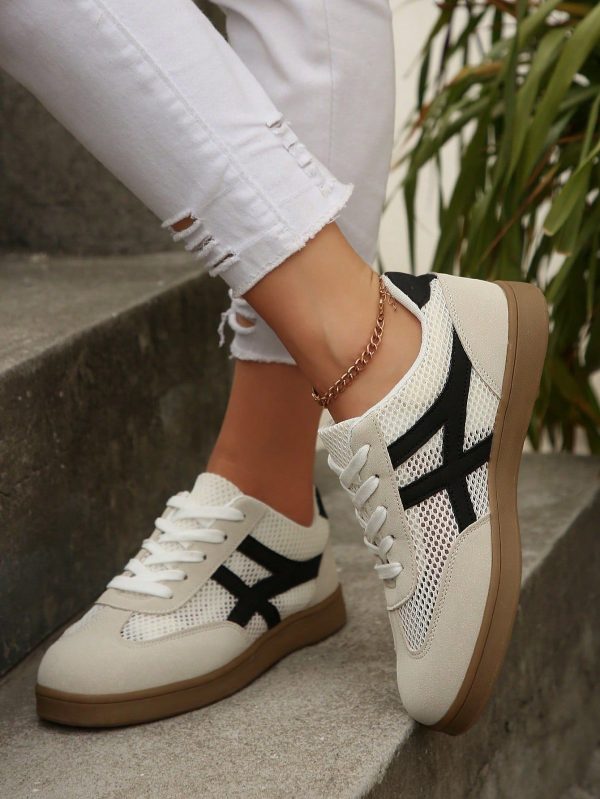 Women Plus Size Beige Breathable Mesh Sneakers, Summer Student School Shoes, Color Block Fashionable Flat Lace-Up Casual Comfortable Non-Slip Athletic Shoes