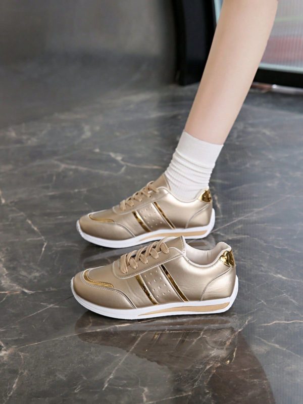 2025 Spring New Arrival Versatile Gold Color Student Casual Sneakers For Women, Comfortable Flat Sporty Shoes Suitable For Daily Outdoor Exercise & Leisure