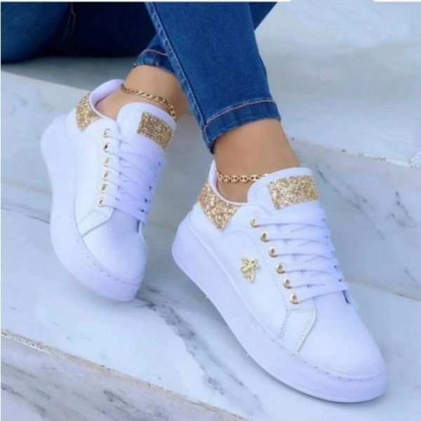 Platform Sneakers Lace-up White Low-top Casual Shoes - Gold, 38