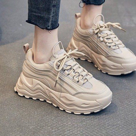 Zingj Zingj Sports Shoes Female 2023 Summer Rubber PU Color Cake Platform Bottom Lightweight Casual Fashion Dad Shoes Female Beige-36