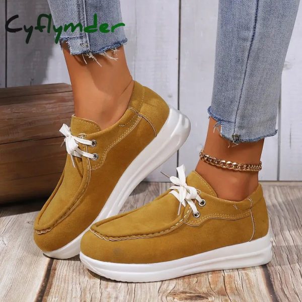 Cyflymder Women's Faux Suede Platform Sneakers Autumn Non-Slip Lace Up Loafers Woman Thick Sole Casual Sneakers Zapatillas De Mujer - Yellow / 36