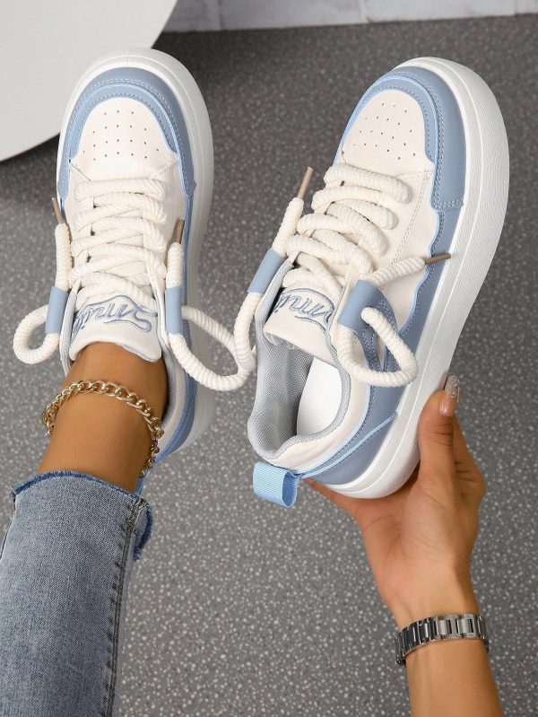 Women's Spring And Autumn College Style Large Size Board Shoes Thick Tie Black And White Stitching Color Black Shoes Women's Shoes Thick Soles Increase Women's Casual Sports Shoes
