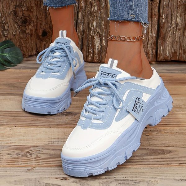 Casual Sneakers For Women Clearance 2024 Color Block Toe Lace Up Half Slippers Thick Sole Sports