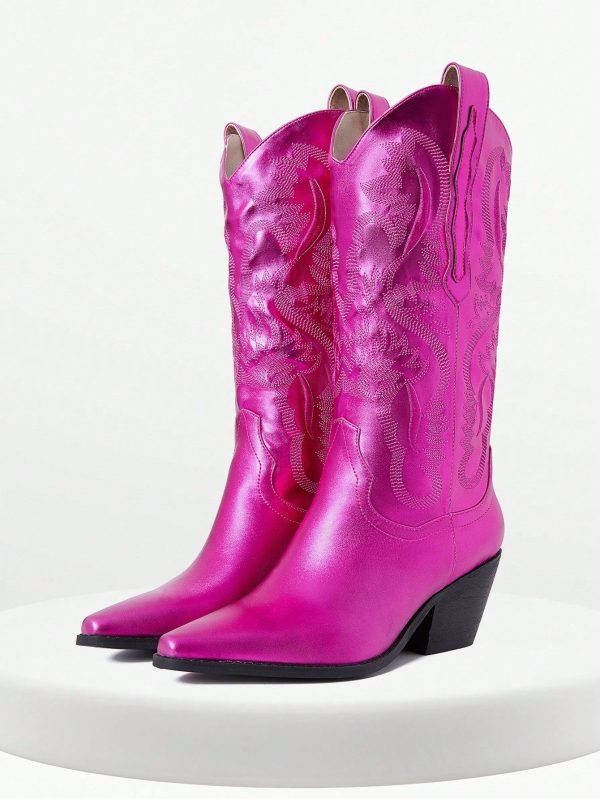 Womens Western Cowboy Boots Elegant Mid Calf Boot Embroidered Chunky High Heel Pointed Toe Vintage Retro Metalic Pull On Party Dress Gifts Spring Party Wedding Concert Riding Casual Cowgirl Booties Shoes