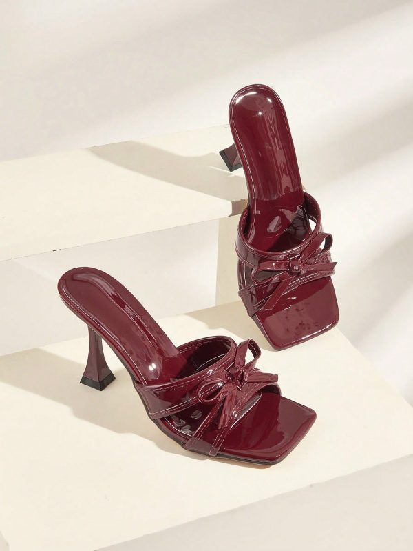 Wine Red Glossy Handmade Butterfly Knot Decor Stiletto High Heel Women Fashion High Heel Sandals, With Random Butterfly Knot Grain Direction