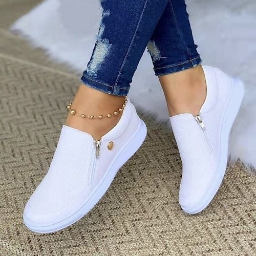 Women's White Zipper Slip-On Sneakers - Comfortable Casual Shoes with Cushioned Sole for Everyday Wear