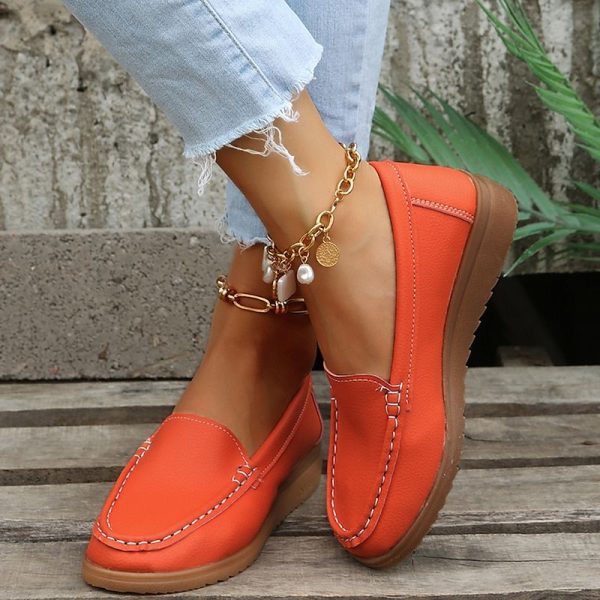 Women's Orange Faux Leather Loafers – Slip-On Moccasin Flats with Cushioned Sole for Casual Wear, Walking, and Daily Commute