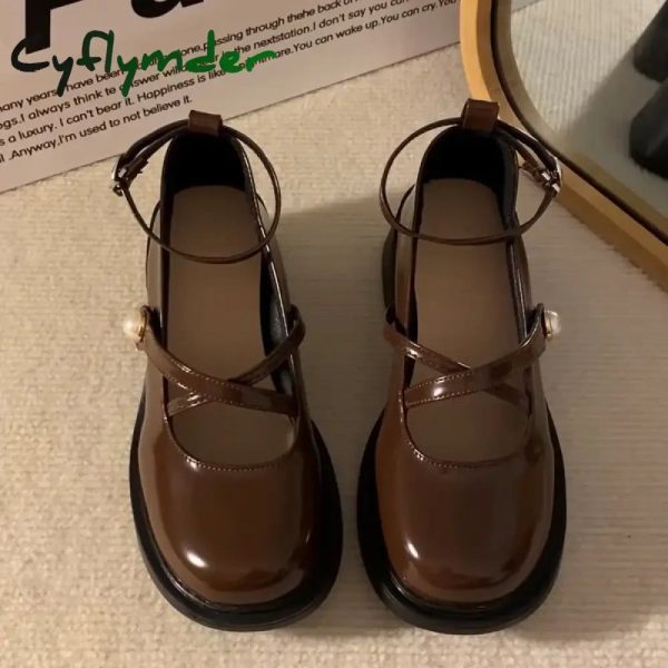 Cyflymder Women Loafers Retro Brown Mary Jane Shoes Women Thick Heels Ankle Buckle Lolita Shoes Woman Uniform Pu Leather Pumps Shoe Female - black / 36