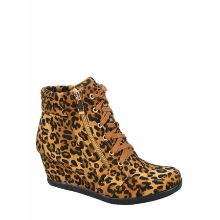 Forever Link Peggy-56 Women's High Top Fashion Round Toe Lace Up Wedge Sneaker Shoes ( Leopard, 8.5), Multicolor