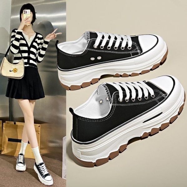 2024 New Women Canvas Flat Shoes Spring and Autumn Fashion Thick Soled Canvas Height Increasing