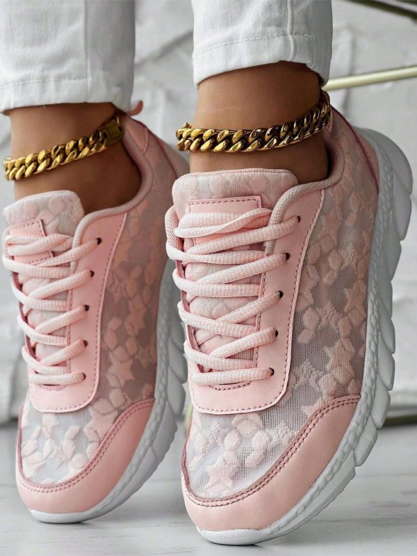 Women's Mesh Lace White Thick-Soled Lace-Up Sneakers Soft-Soled Comfortable Daily Sports Running Shoes Spring And Autumn New Back-To-School Season Couple Shoes