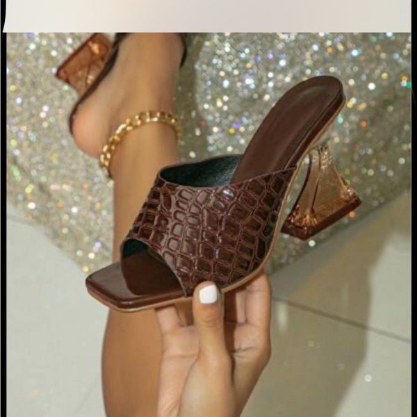 Shein Shoes | Women Crocodile Embossed Sculptural Heeled Mule Sandals | Color: Brown | Size: 7