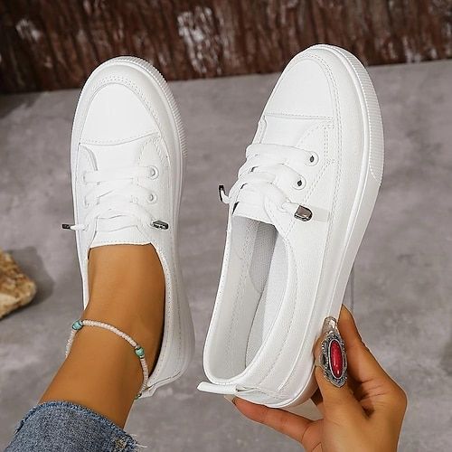 Women's White Casual Sneakers – Lace-Up Low-Top Canvas Shoes for Walking  Everyday Wear