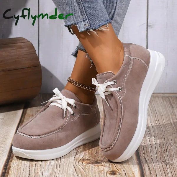 Cyflymder Women's Faux Suede Platform Sneakers Autumn Non-Slip Lace Up Loafers Woman Thick Sole Casual Sneakers Zapatillas De Mujer - Khaki / 36