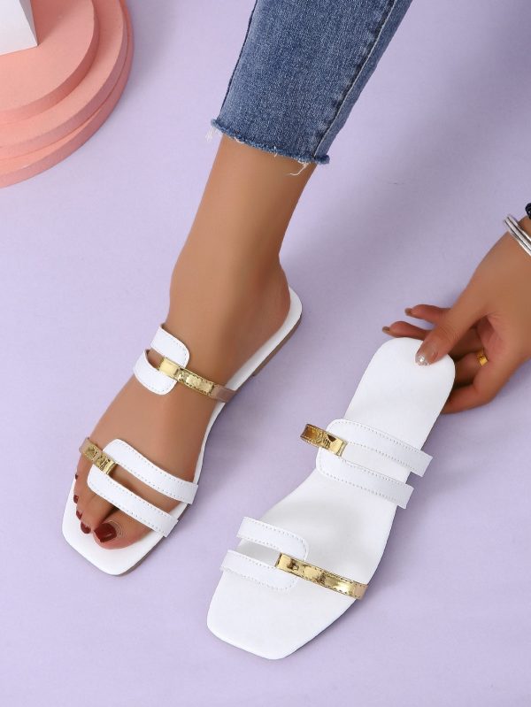 Fashionable Outdoors Flat Slippers for Women, Metallic Detail Artificial Leather Open Toe Slide Sandals