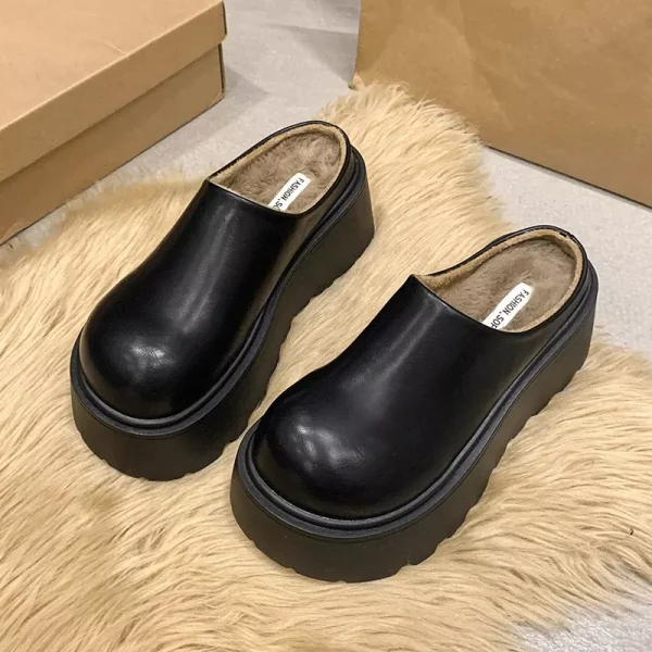 Rarove-Short Plush Chunky Women Mules Slippers Casual Cover Toe Platform Flats Slides Ladies Comfort Cotton Shoes-Platform boots black-37
